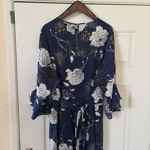 Bohemian Floral Maxi Dress Blue Aprox 2X Long V-Neck 3/4 Sleeves Feaux Wrap City - Picture 10 of 16